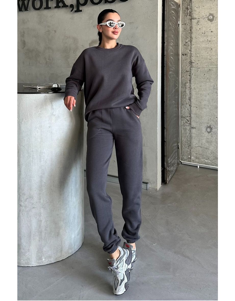 Anthracite Crew Neck Plain Oversize Bottom-Top Tracksuit Set