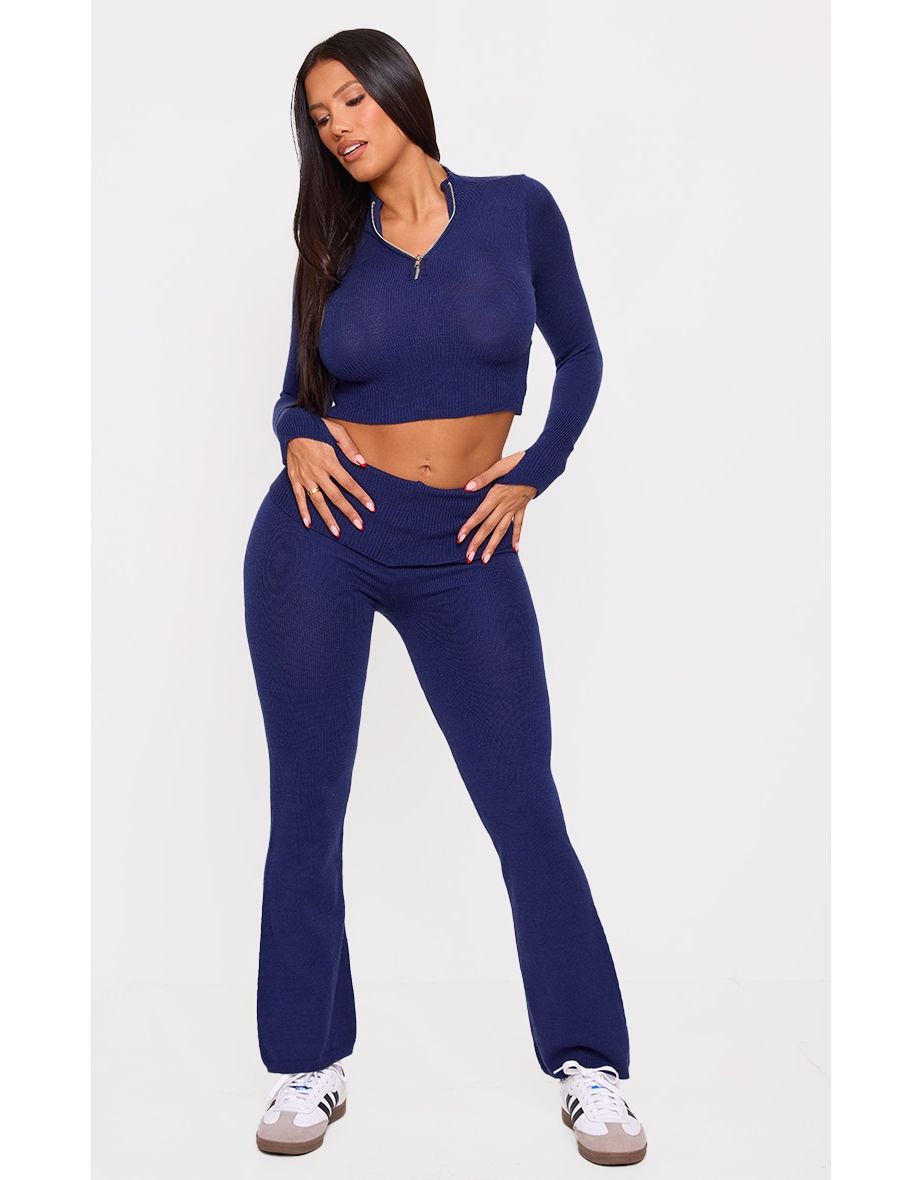 Shape Navy Knitted Flare Trousers