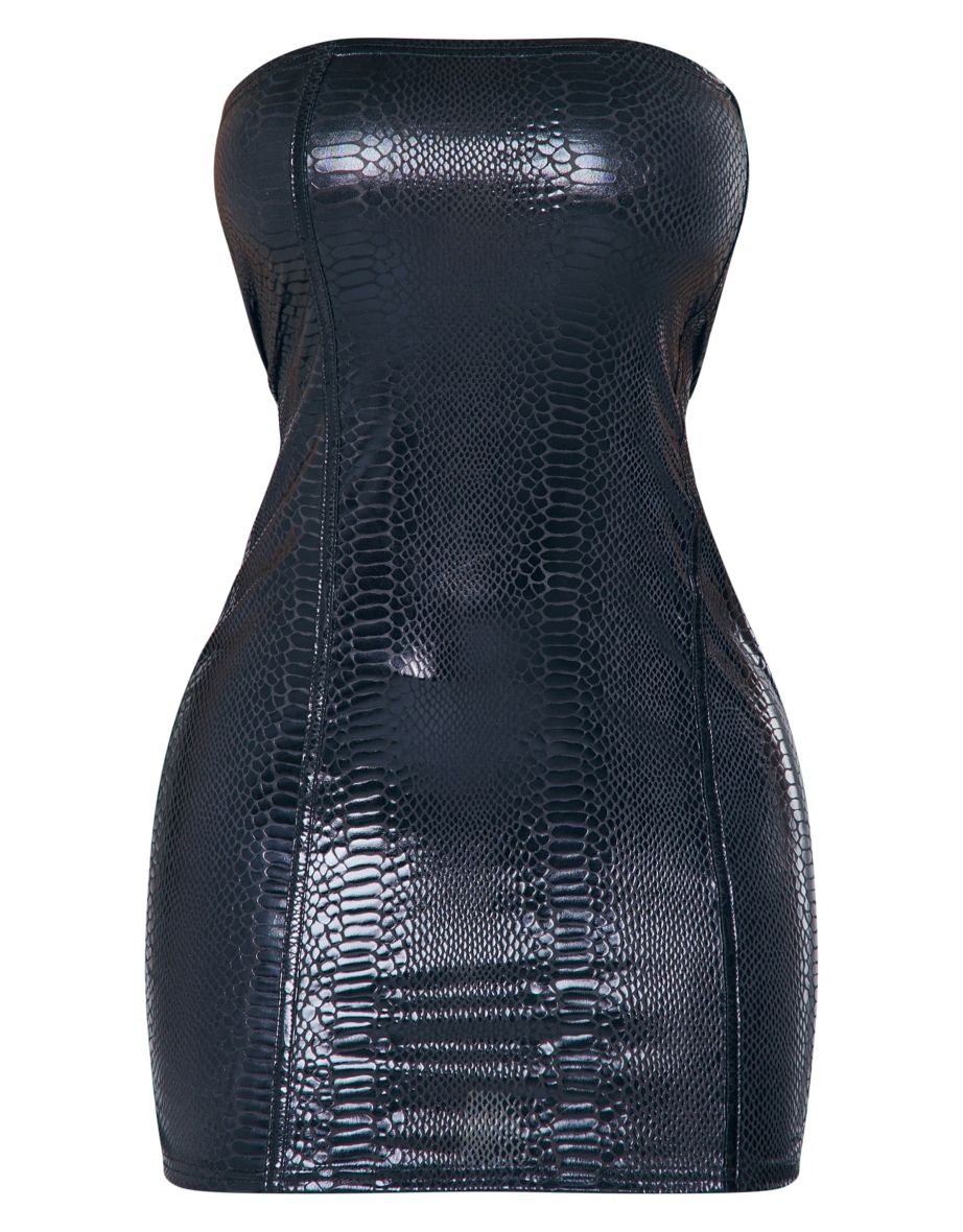 Petite Black Faux Snakeskin Pu Bodycon Dress - 4