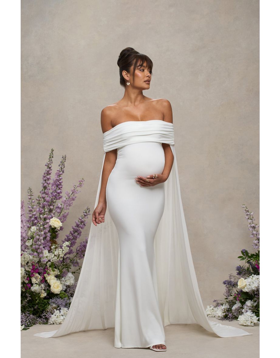 Carlotta | White Bardot Maternity Maxi Dress With Chiffon Cape