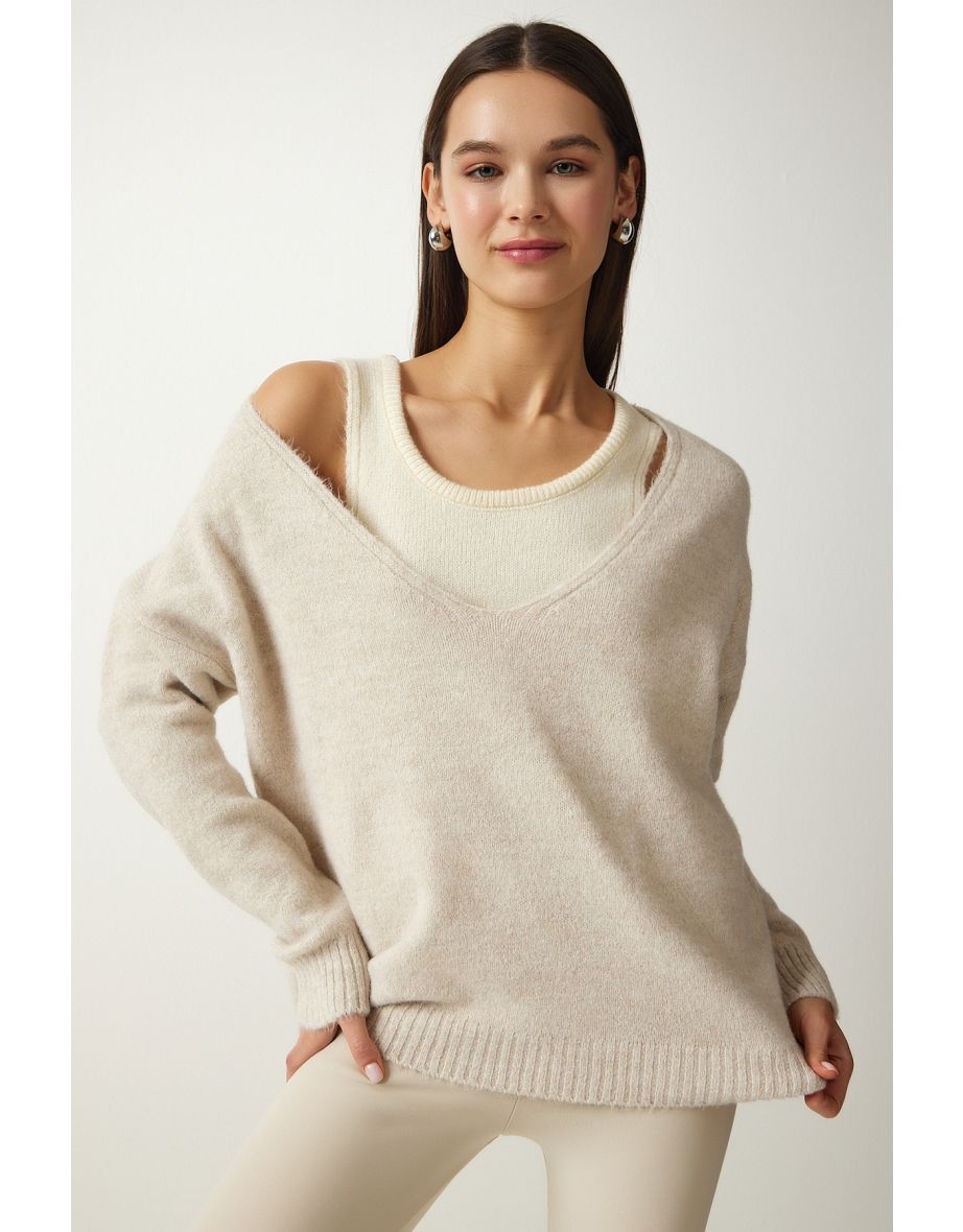 Women's Beige Undershirt Soft Textured Double Knitwear Sweater
