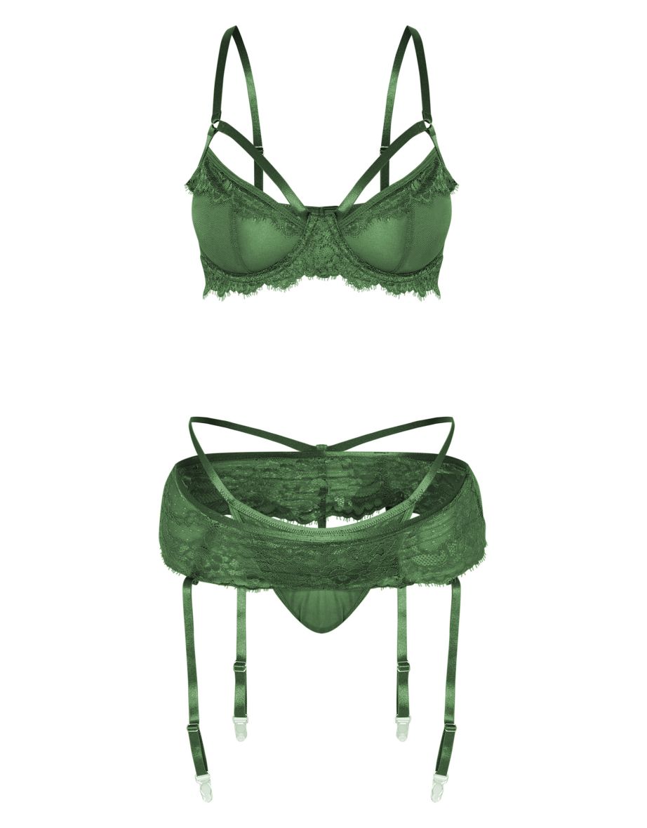 Emerald Green Lace 3 Piece Lingerie Set - 4
