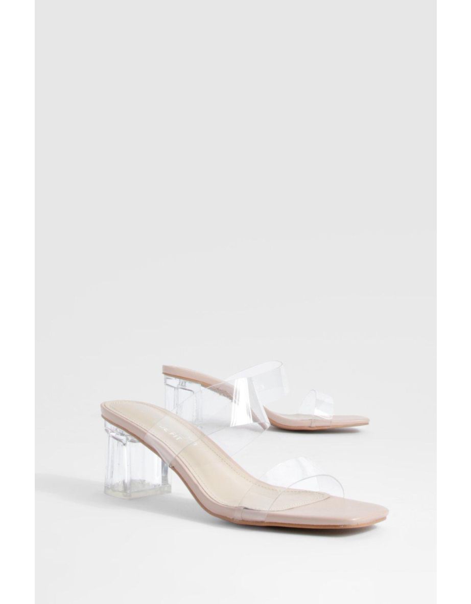 Shop Wide Fit Clear Double Strap Low Block Heeled Mules nude Online in Oman VogaCloset