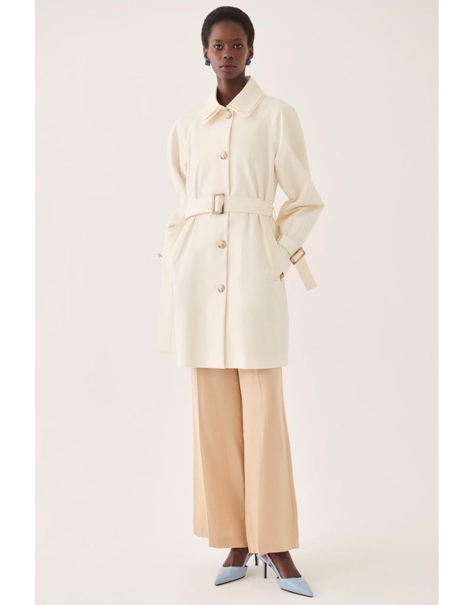 Eleri Women's Regular Fit Shirt Collar Above the Knee Ecru Women's Trench Coat.