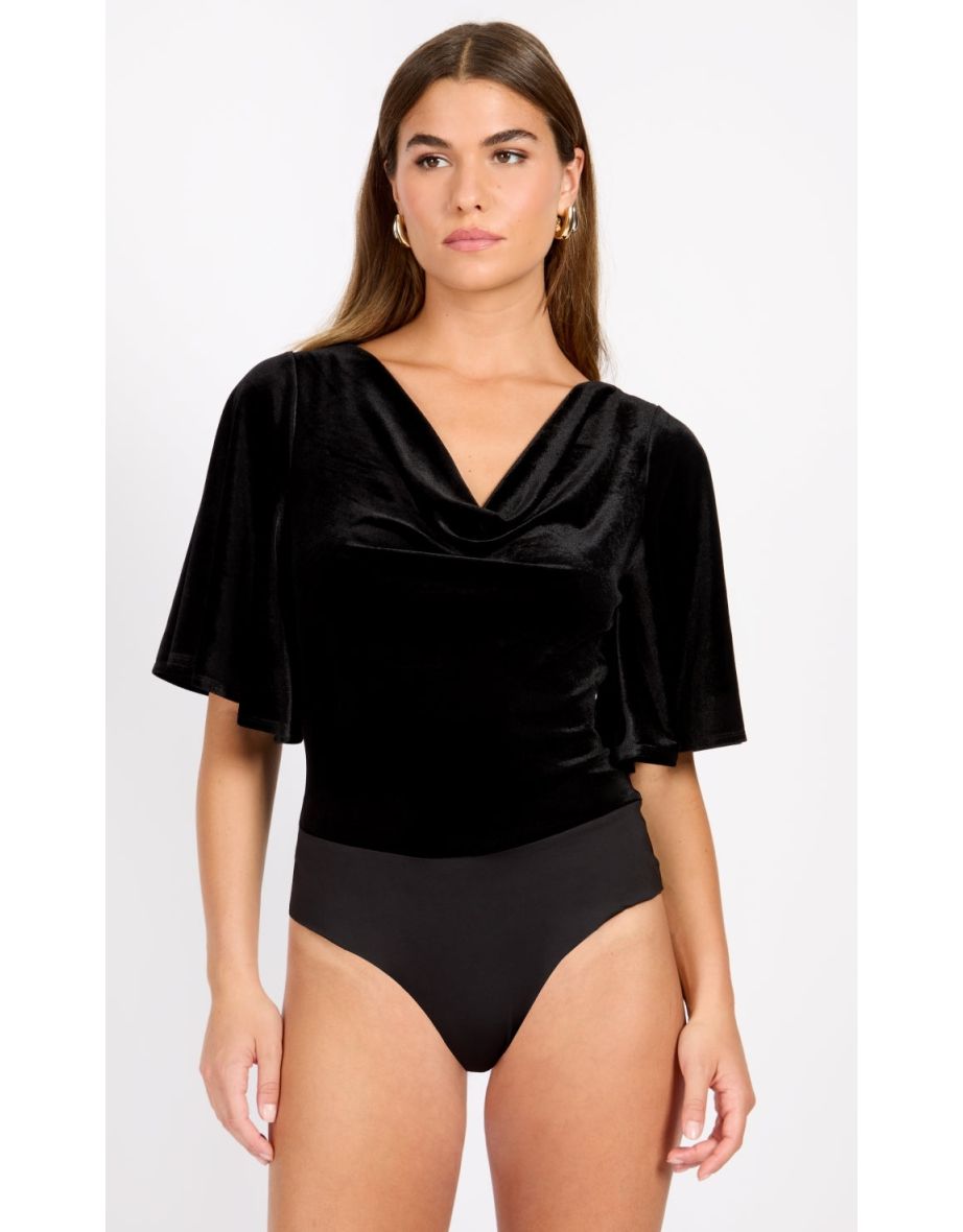 Black Velvet Draped Bodysuit by Vogue Williams - 3