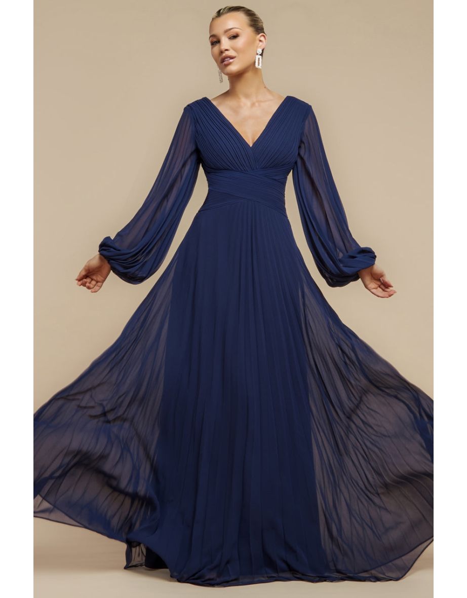 Goddiva Balloon Sleeve Chiffon Maxi Dress - Navy Blue