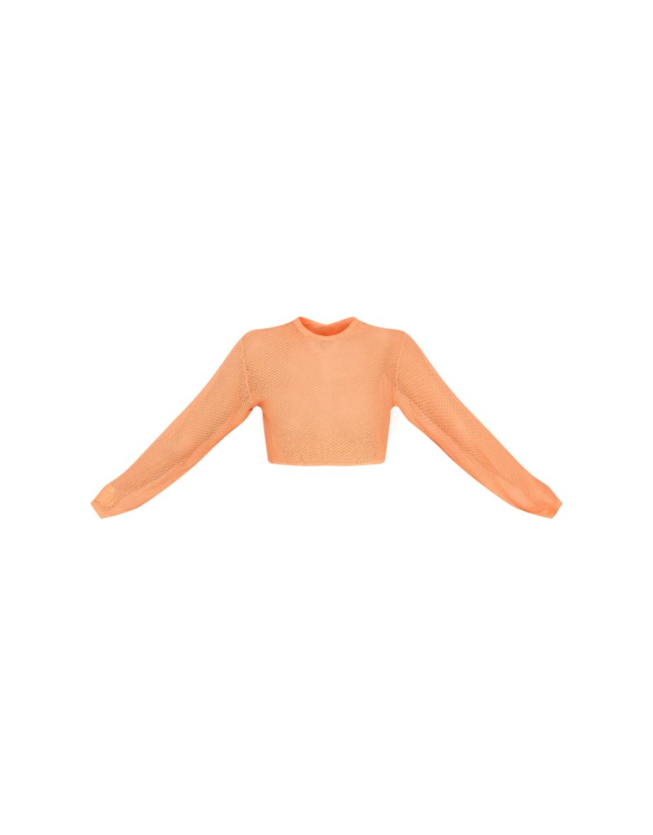 Orange Textured Sheer Knit Floaty Long Sleeve Crop Top - 4