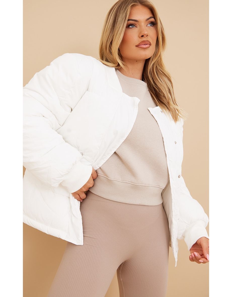 White Shoulder Padded Drawstring Waist Puffer Coat