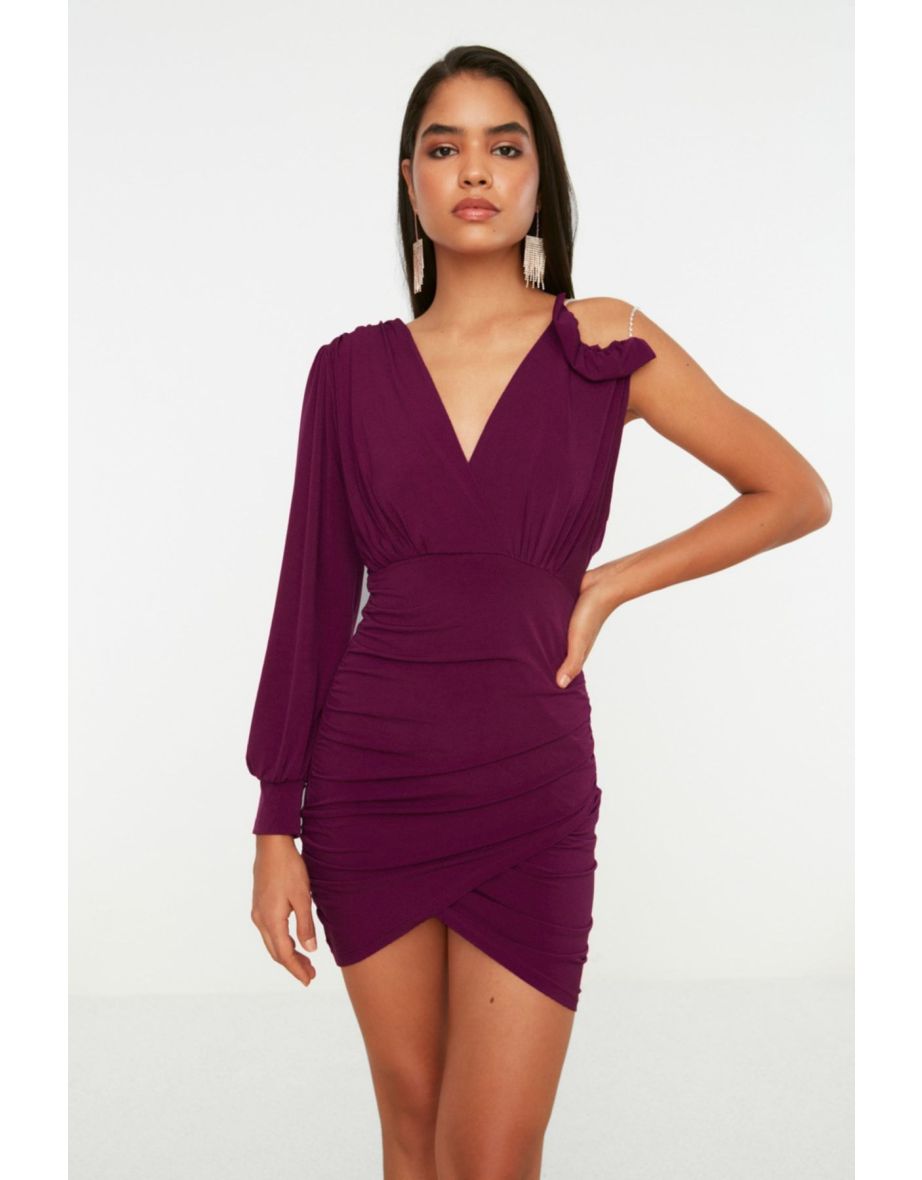Plum Shiny Stone Knitted Short Elegant Evening Dress