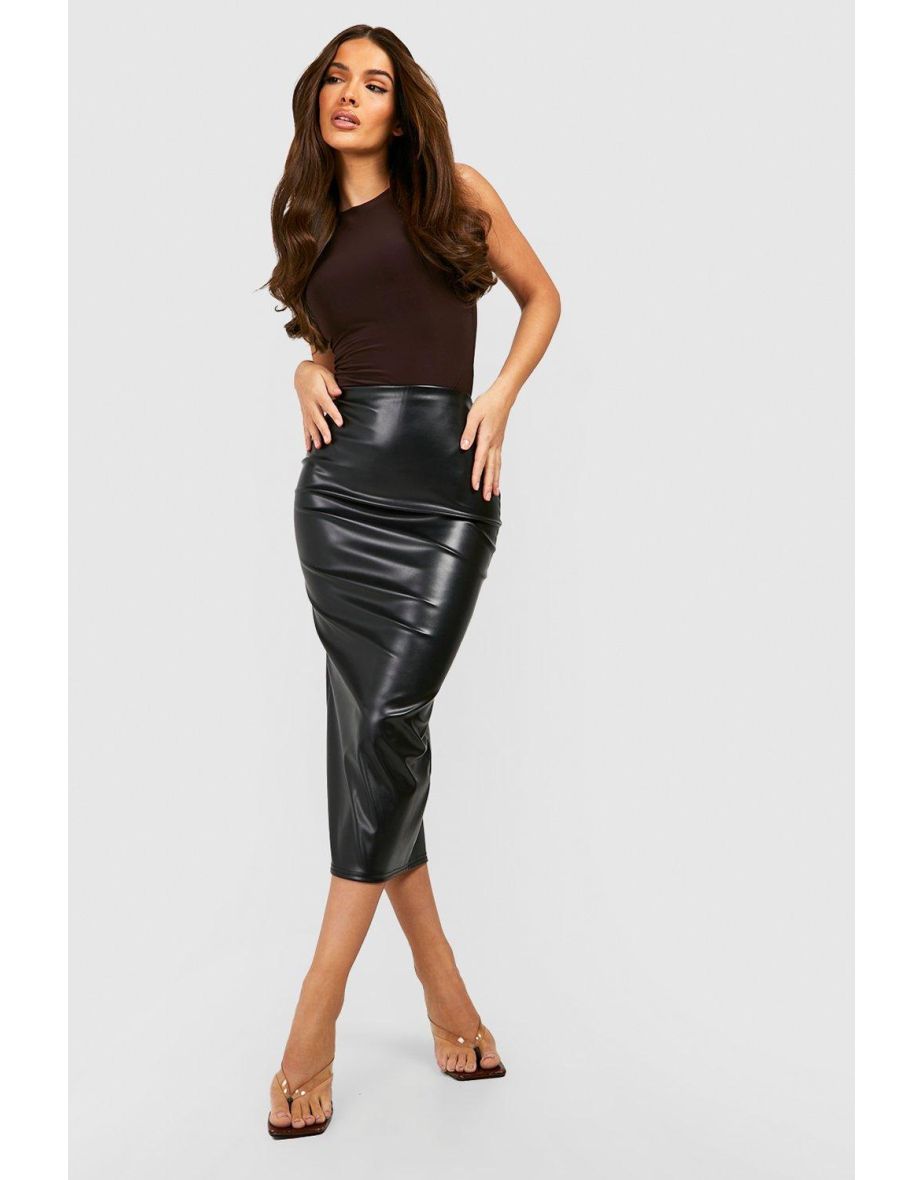 Black midi on sale leather look skirt