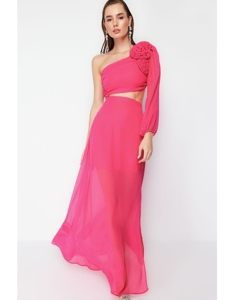 Multi Color Lined Window/Cut Out Detailed Chiffon Gradient Long Evening Evening Dress