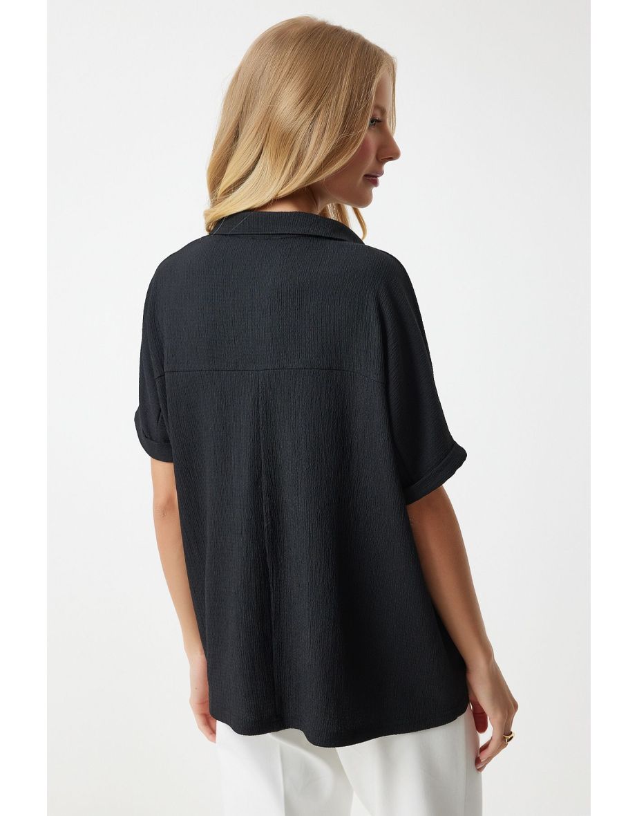 Women's Black Polo Neck Knitted Crinkle Blouse - 9