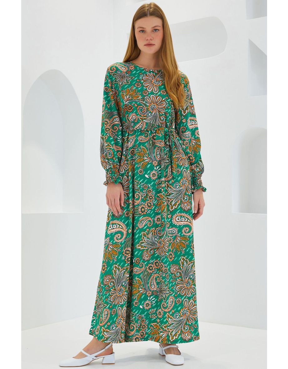 Women's Green Floral Patterned Knitted Hijab Dress