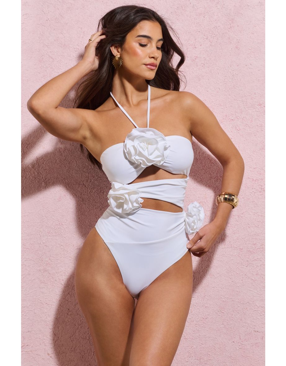 Monaco | White Halter-Neck Swimsuit With Corsages