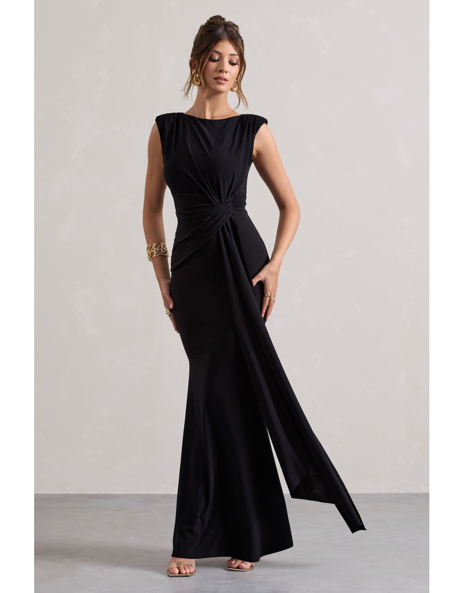 Kadie | Black Sleeveless Gathered Maxi Dress With Drape