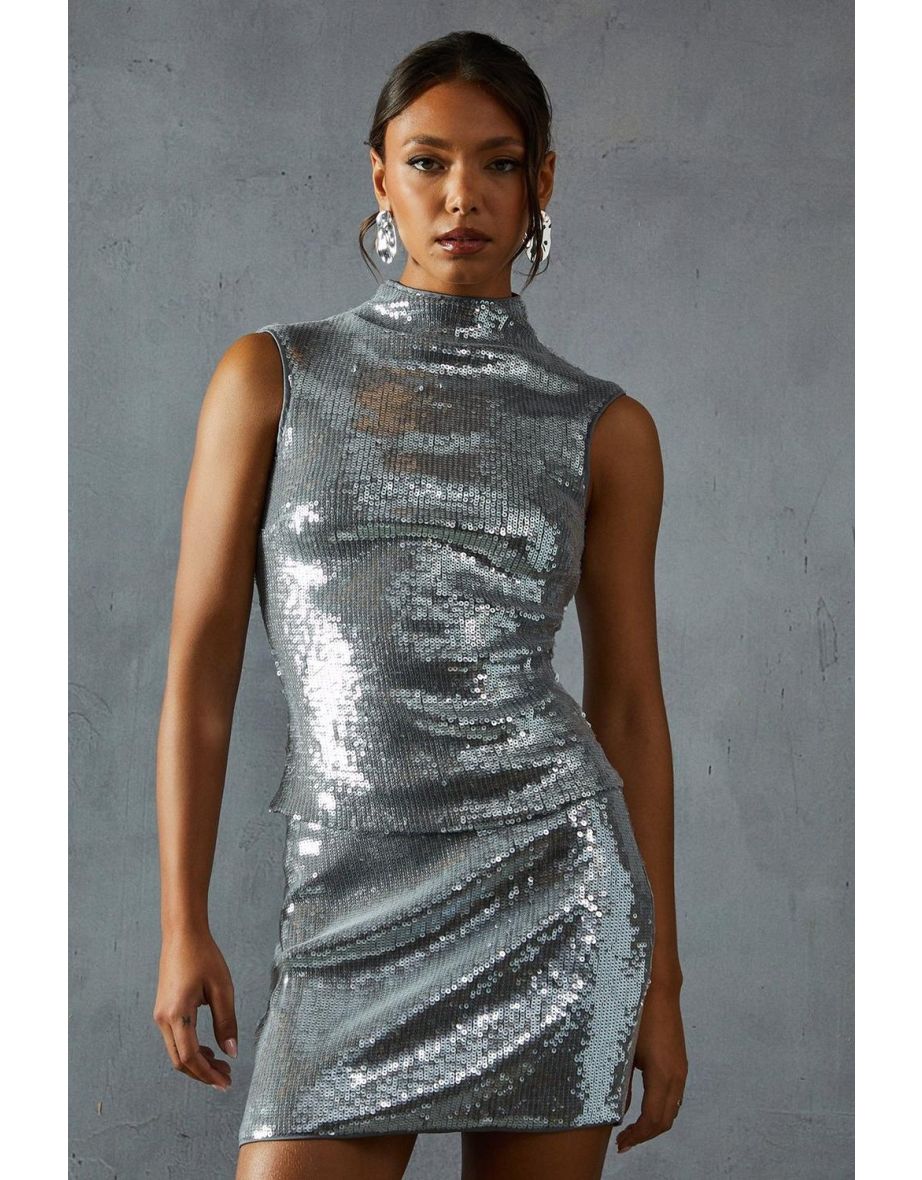Sequin Sleeveless Grown On Neck Longline Top