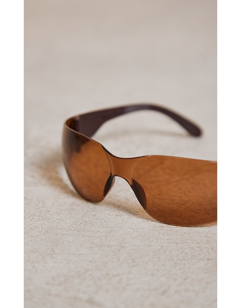 Brown Lens Frameless Sporty Visor Sunglasses - 2