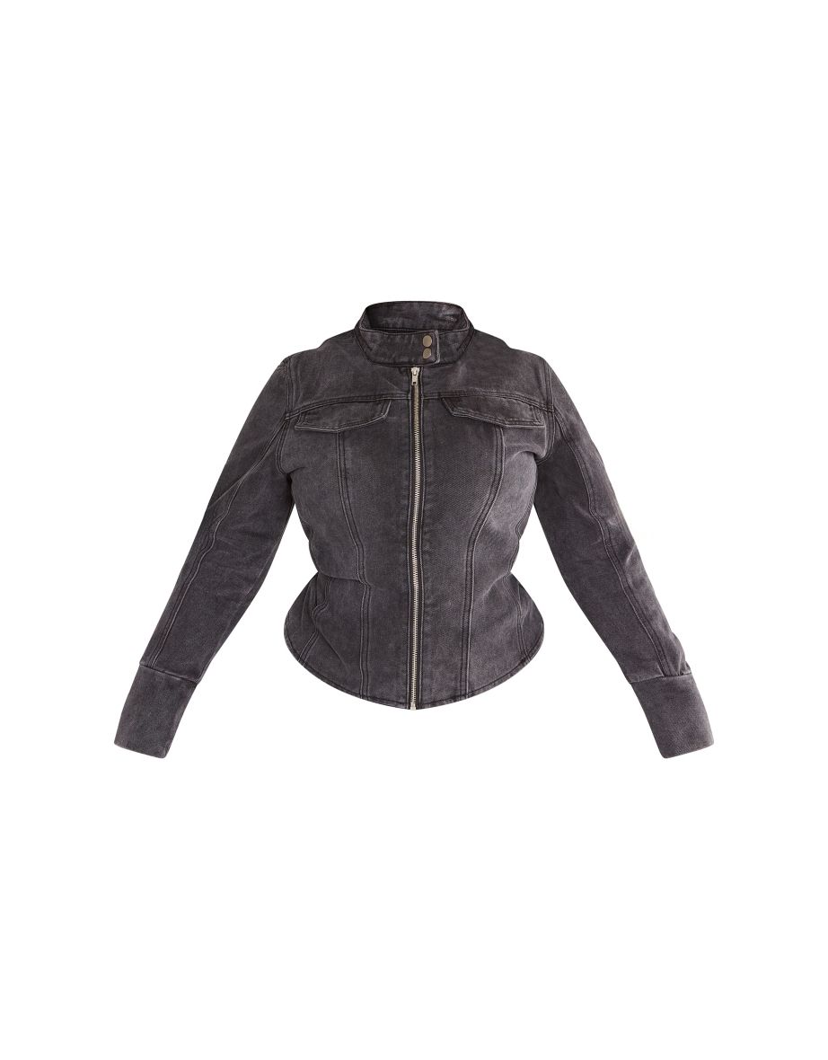 Plus Washed Black Zip Up Fitted Denim Jacket - 4