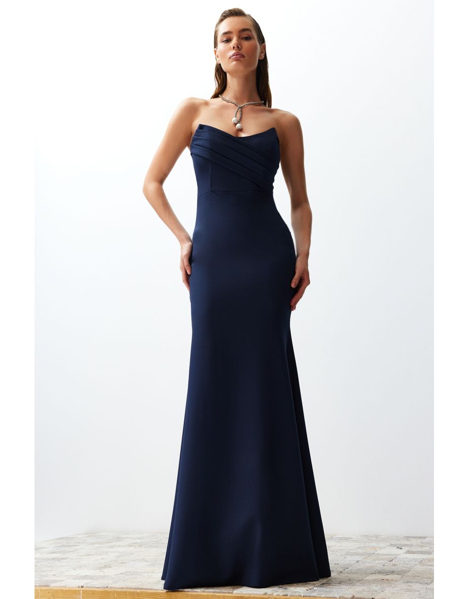 Navy Blue Collar Detailed Evening Dress