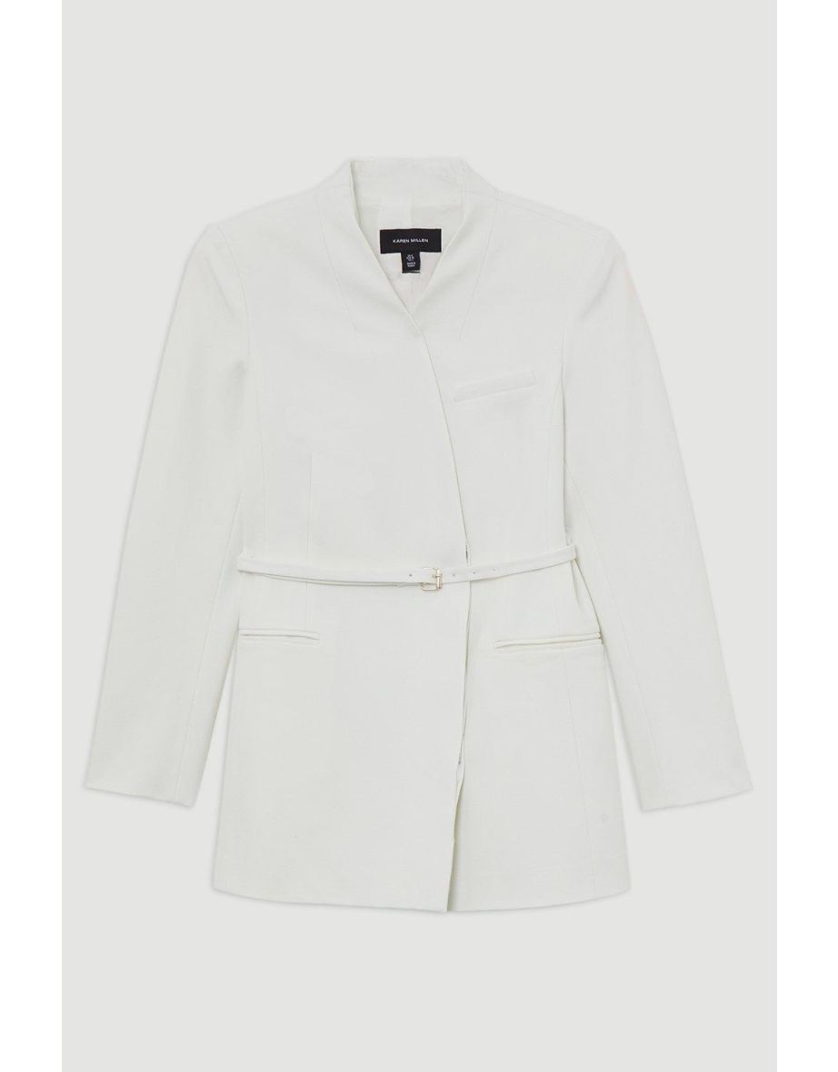 Structured Crepe Check Tailored Collarless Belted Blazer - 3