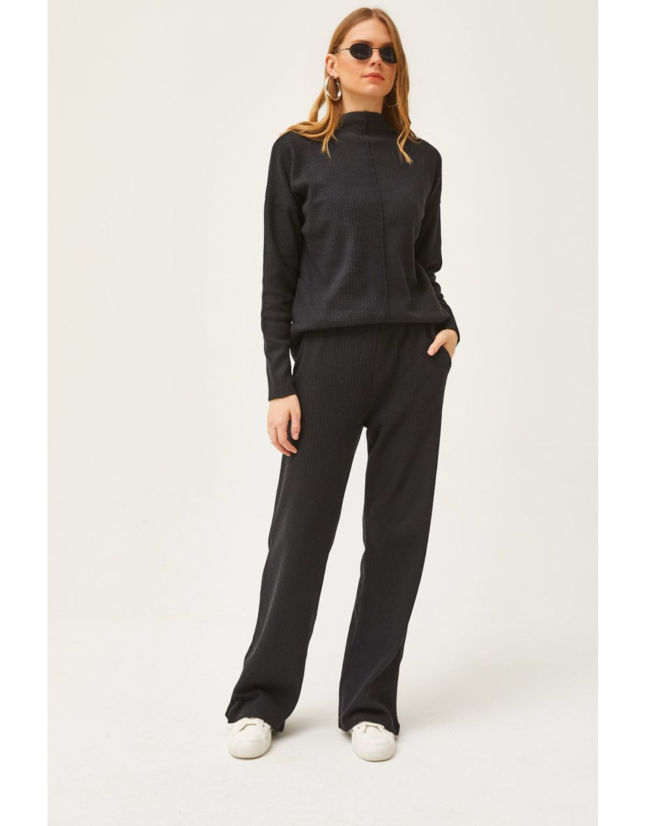 Women's Black Bottom Pocket Trousers Top High Collar Blouse Raised Suit
