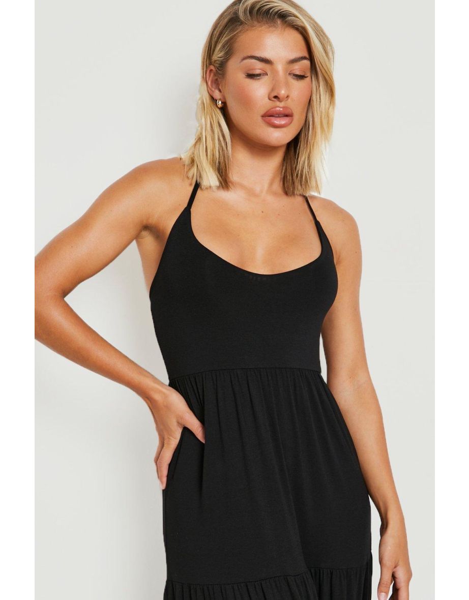 Basic V Neck Tiered Maxi Dress - black - 3