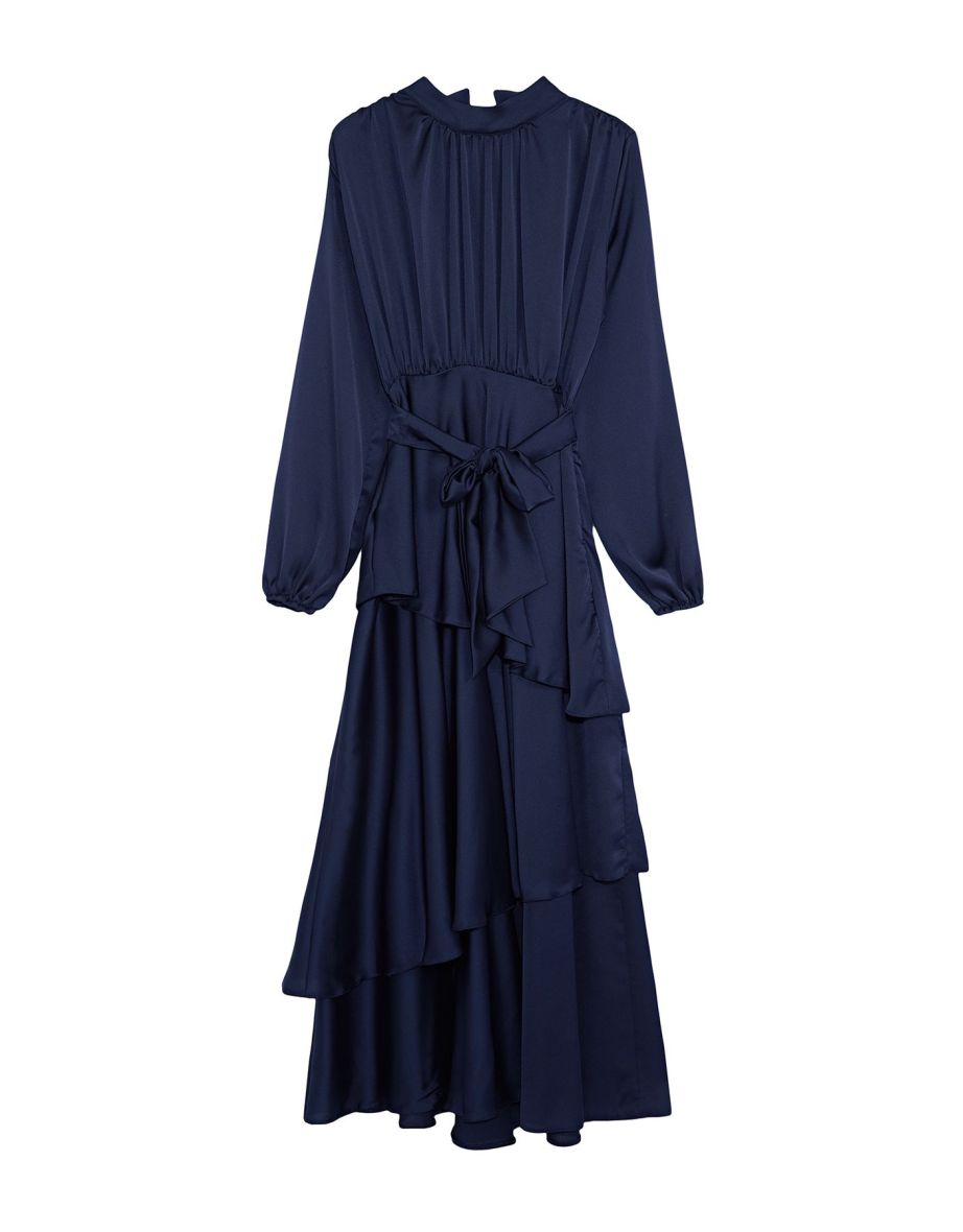 Navy Blue Skirt Layered Satin Woven Evening Dress/Night Dress - 6