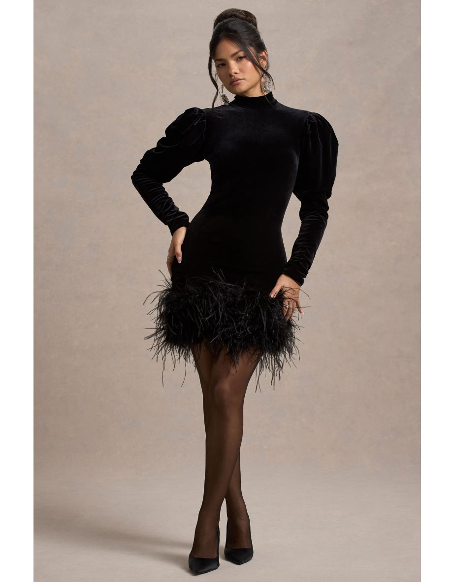 Issa | Black Velvet Long-Sleeve Mini Dress With Feather Trim - 5
