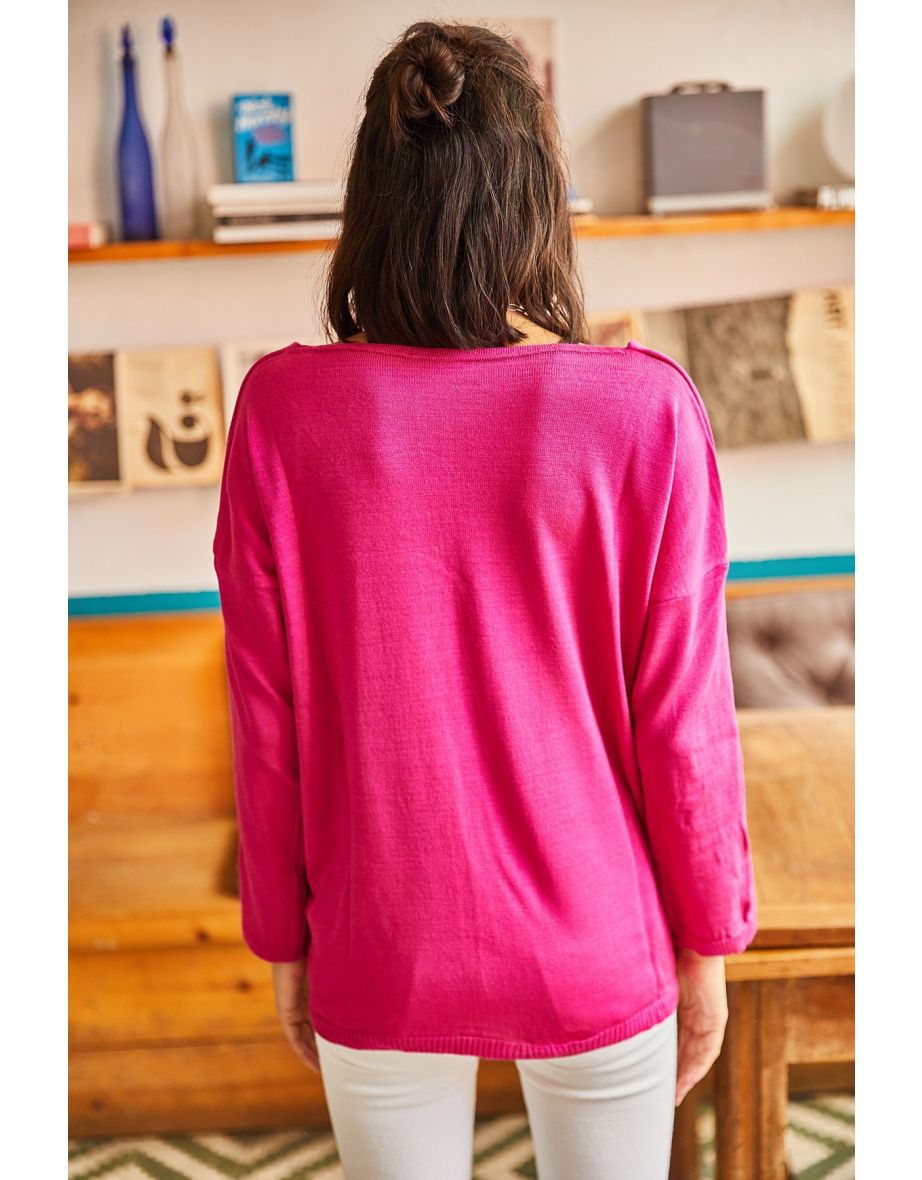 Women's Fuchsia V-Neck Loose Knitwear Blouse - 6
