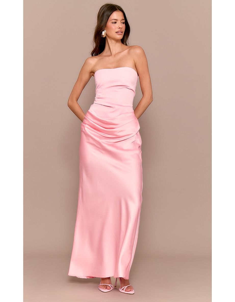 Pale Rose Bandeau Satin Drape Detail Midaxi Dress
