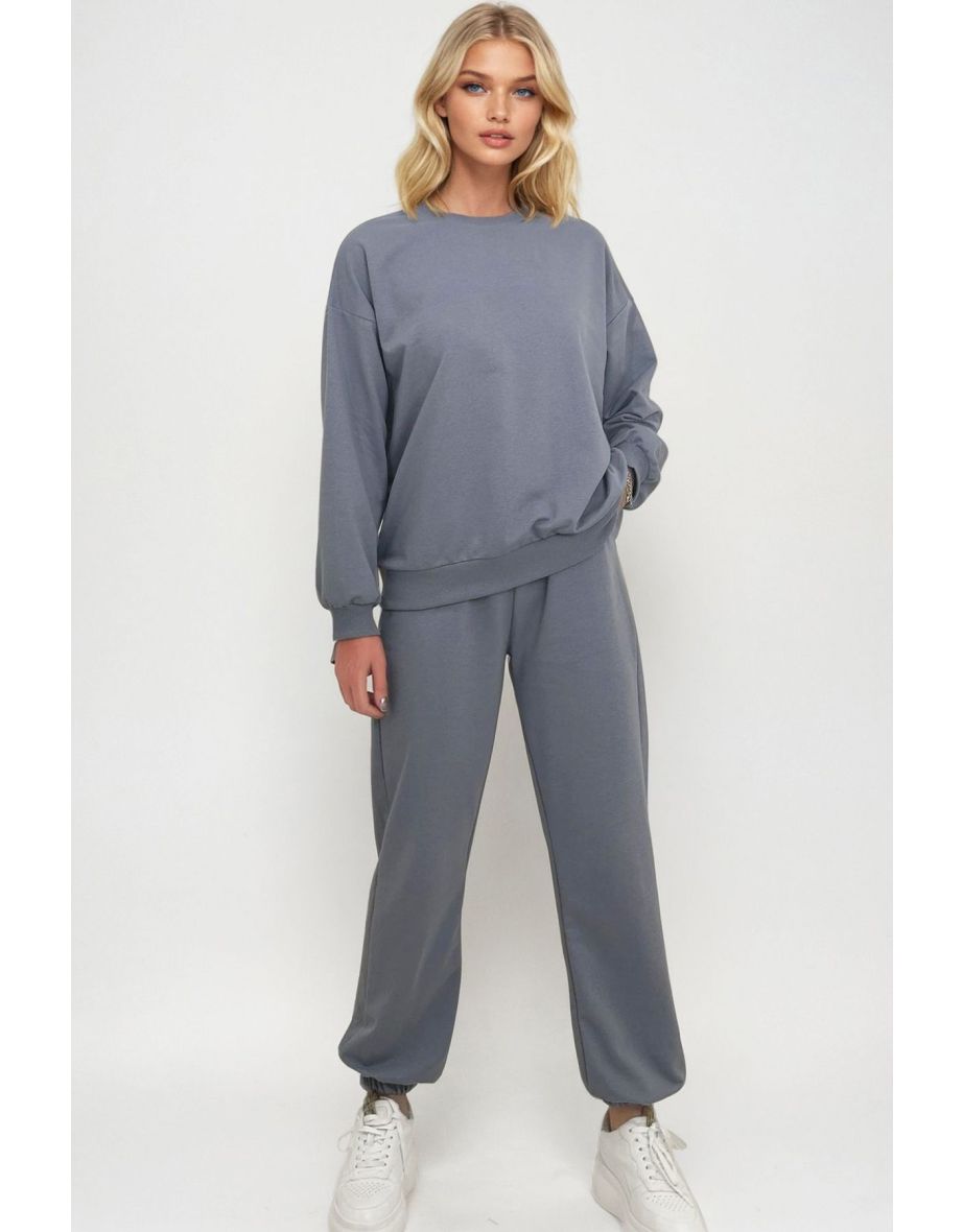 Women's Dyed Gray Bike Neck Waist and Leg Elastic Basic Tracksuit