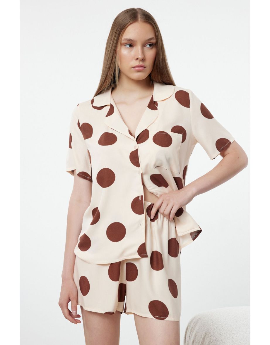 Beige Polka Dot Poplin Woven Pajama Set