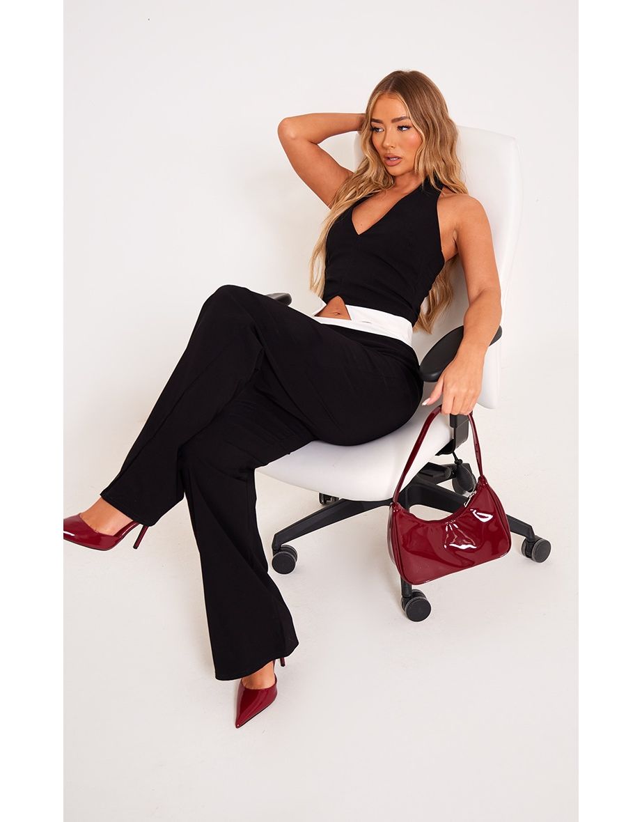 Black Stretch Woven Contrast Plunge Halter Neck Crop Top