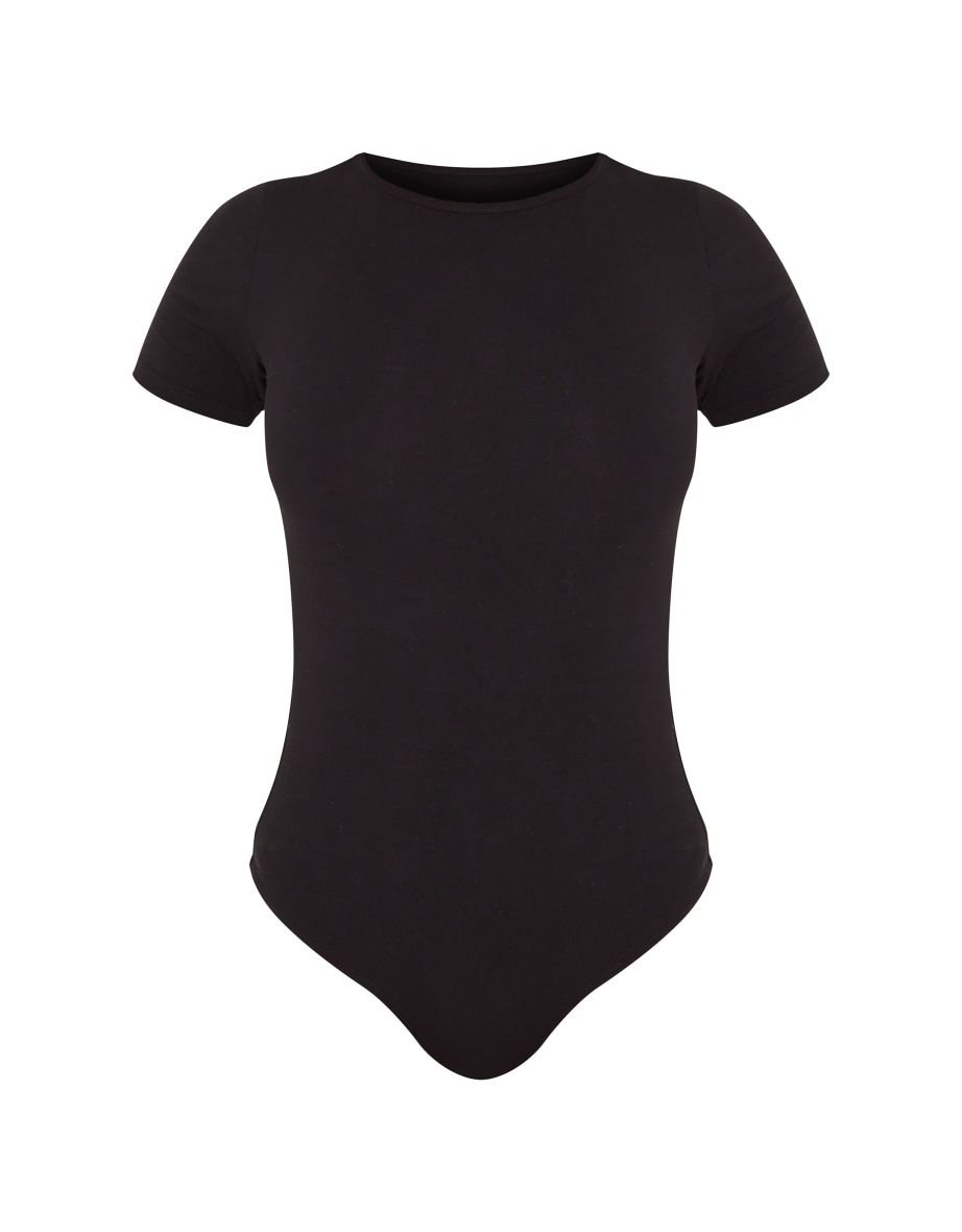 Tall Black Basic Cotton Blend Fitted Short Sleeve Bodysuit - 4
