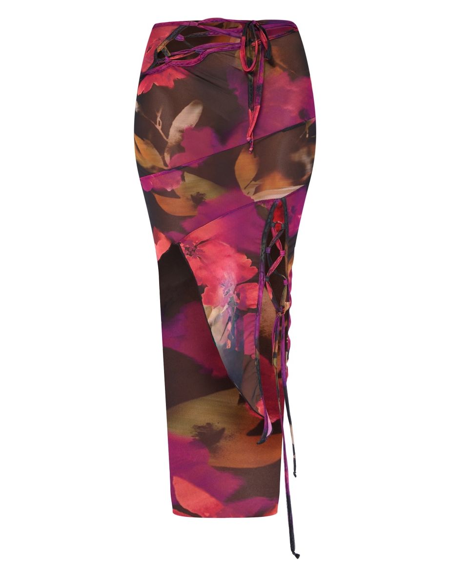 Multi Printed Mesh Asymmetric Hem Maxi Skirt - 3