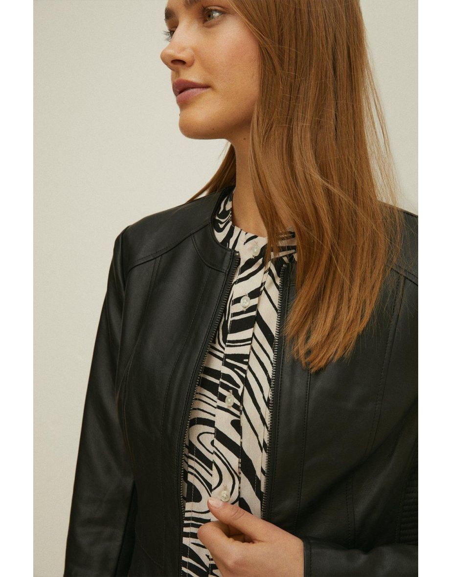 Oasis leather collarless jacket best sale