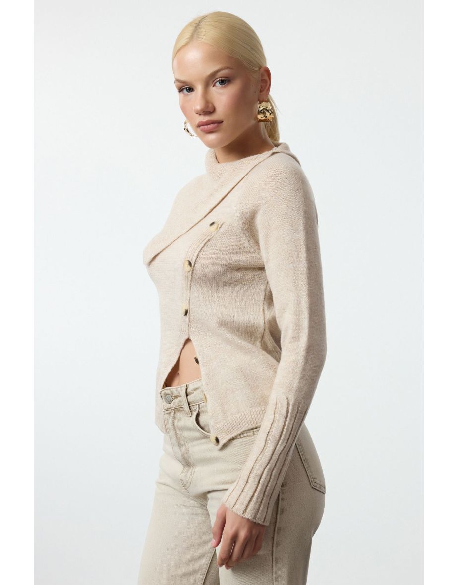 Stone Turned Collar Asymmetric Button Detailed Soft Texture Knitwear Sweater - 4