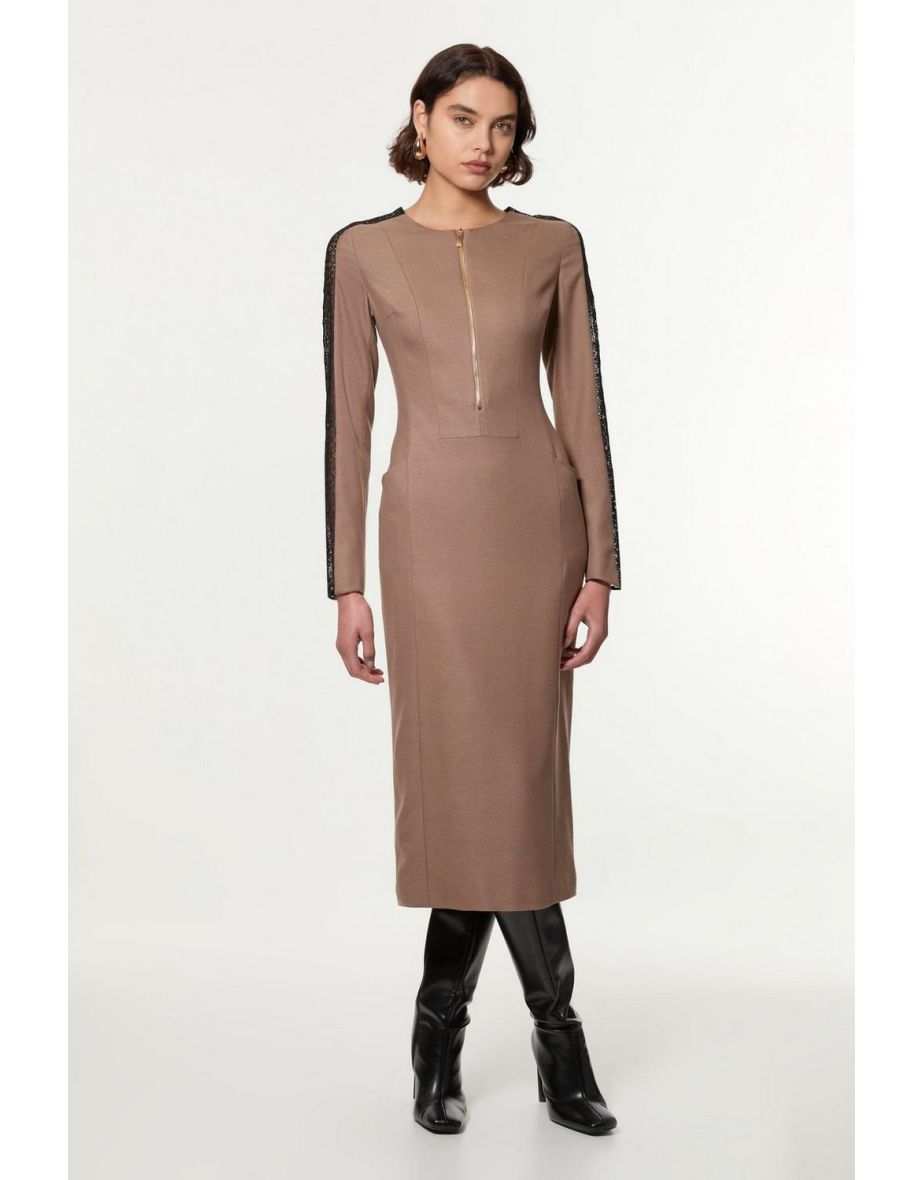Tailored Twill Lace Mix Zip Front Midi Dress