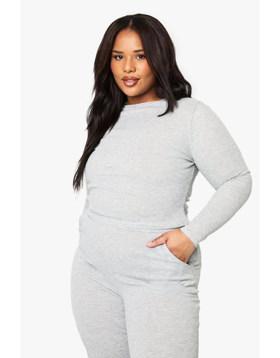 Plus Rib Top & Trouser Lounge Set - ash grey - 3