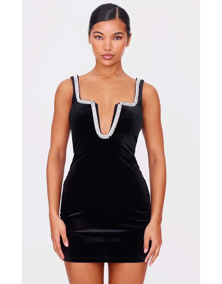 Black Velvet Diamante Detail Trim Mini Dress
