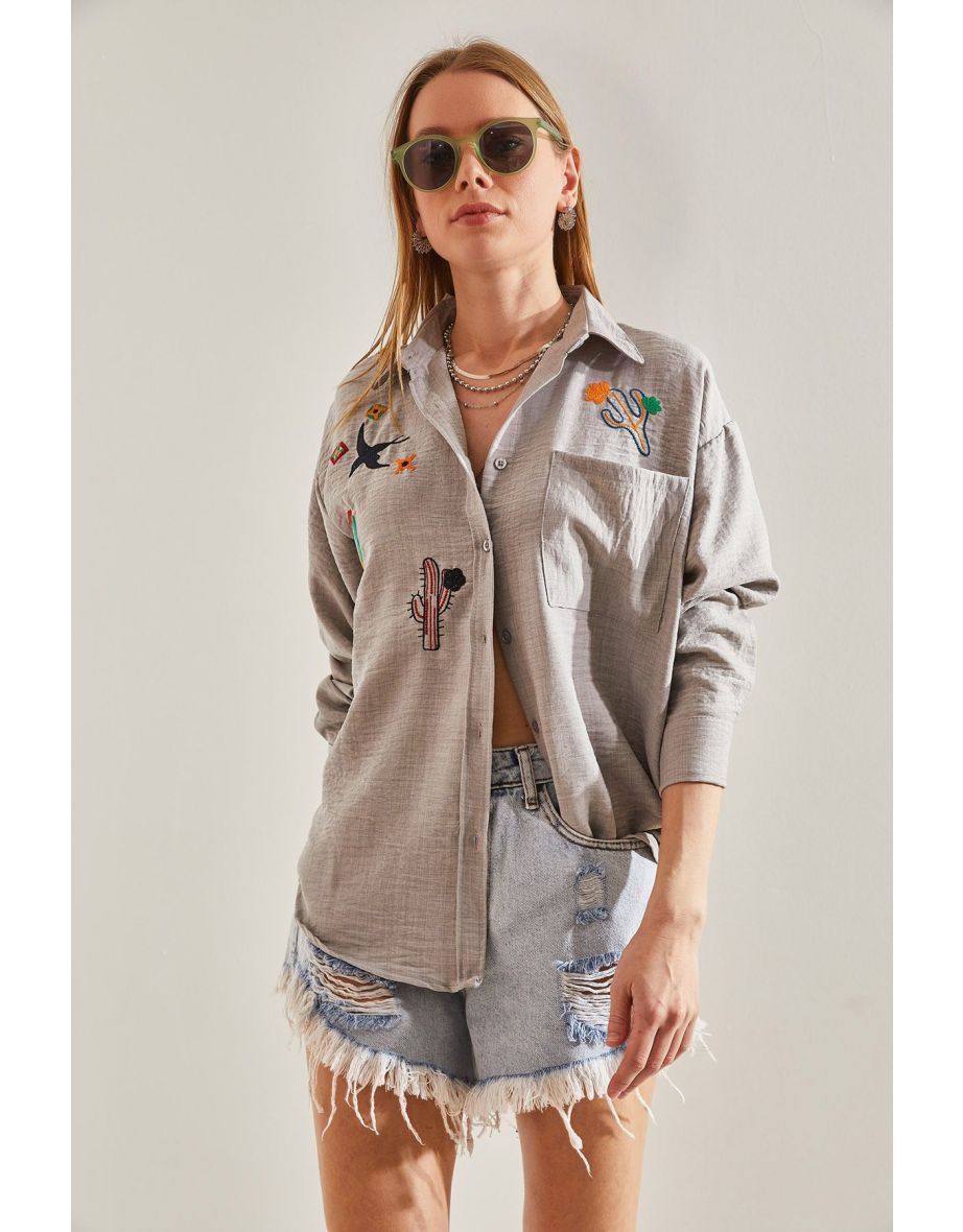 Women's Embroidered Linen Shirt - 6
