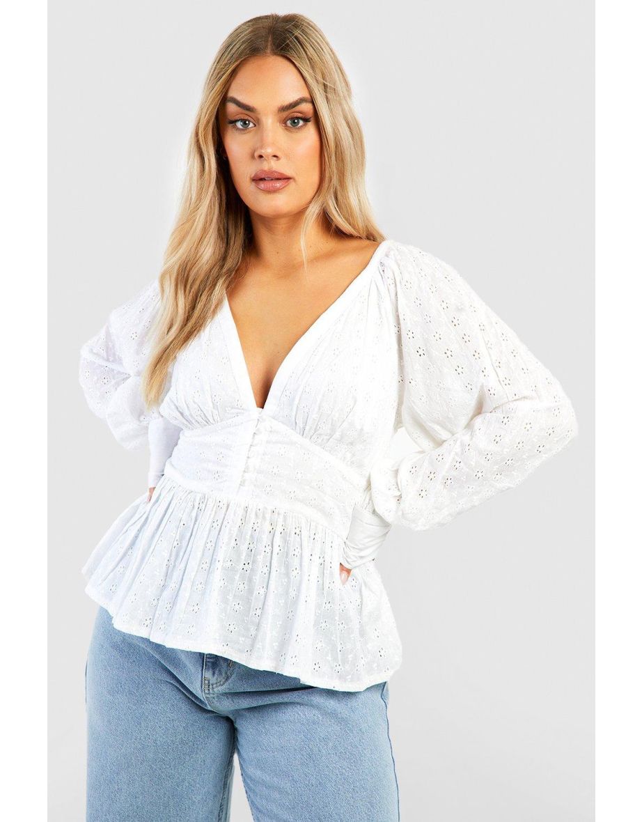 Plus Button Down Brodiere Smock Top - white