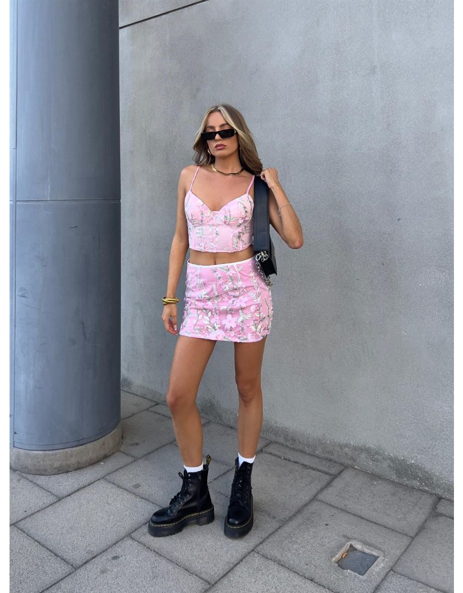 Brianna Co-ord Corset-Crop Top - Cream-Pink Embroidery