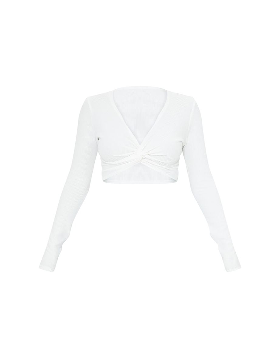 Cream Textured Rib Twist Front Long Sleeve Crop Top - 4