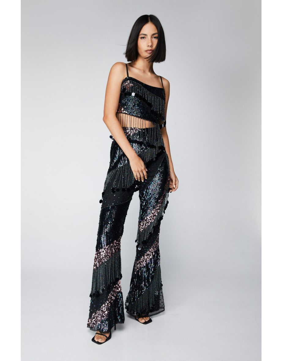 PrettyLittleThing festival sequin bralette & flares two-piece in