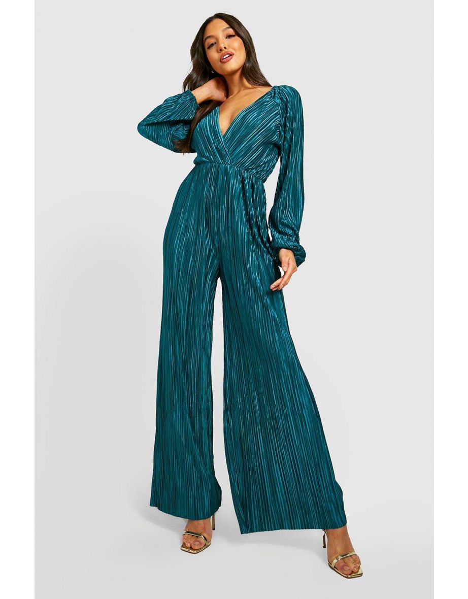 Plisse Wide Leg Plunge Jumpsuit - dark green