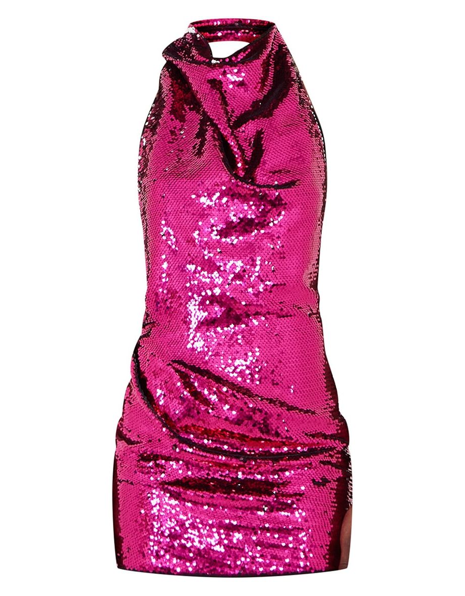 Designed by Naomi Campbell - Pink Sequin High Neck Backless Bodycon Dress - 5