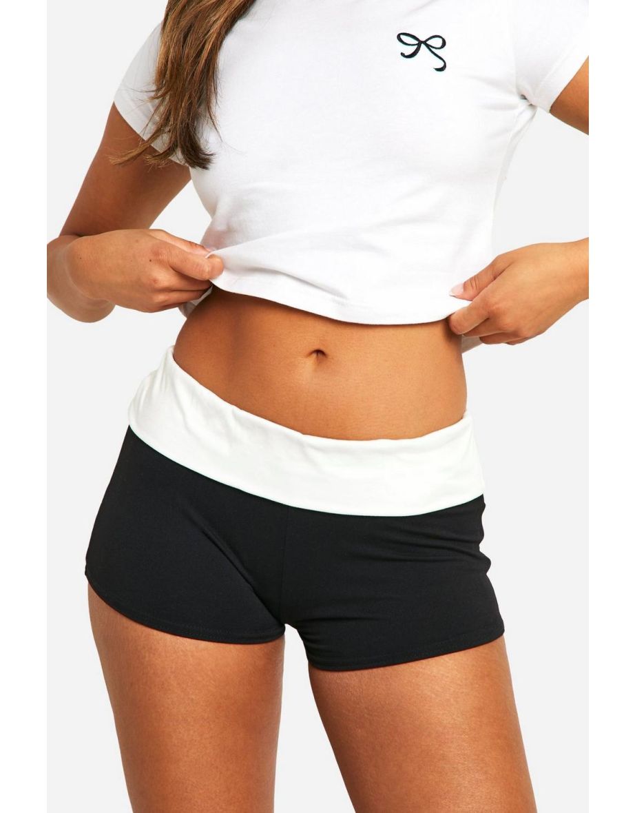 Petite Contrast Foldover Micro Shorts - black - 3