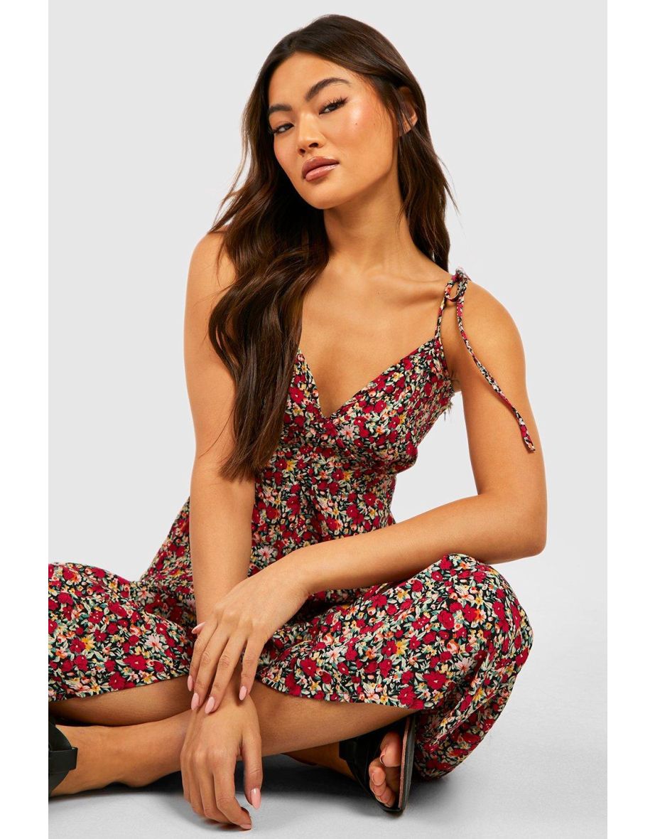 Floral Tie Strap Wide Leg Jumpsuit - red - 3