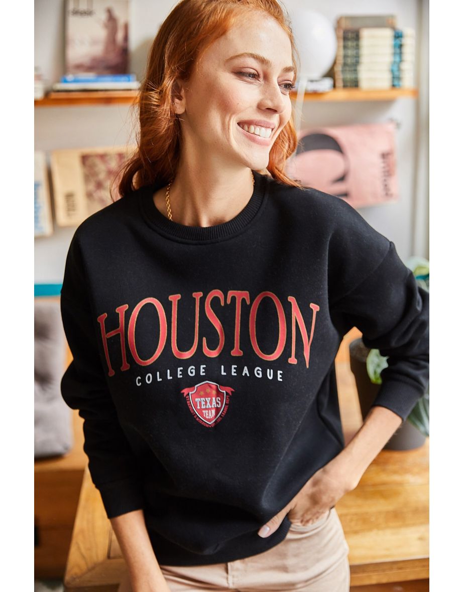 Women's Black Houston Printed Raised Sweatshirt